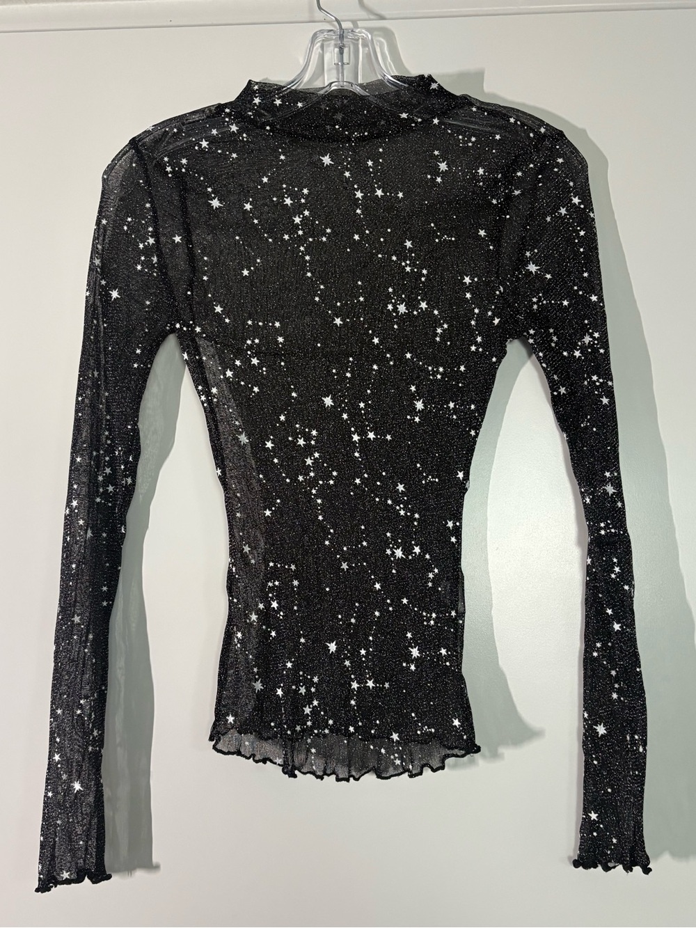Black Sparkle Mesh Long Sleeve Mock Neck Top w/ White Star Detail & Lettuce Trim